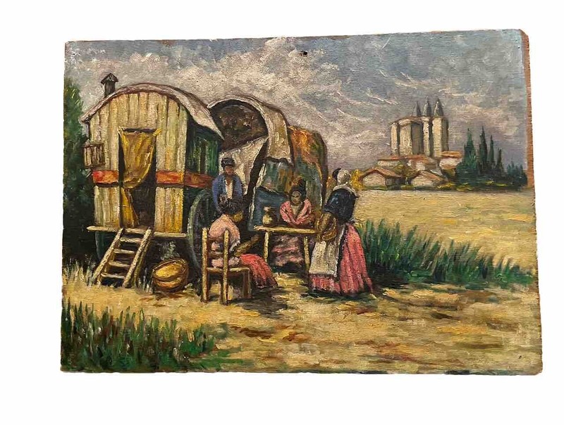 FERNAND AUDET (1923-2016) FRENCH IMPRESSIONIST OIL – GYPSY CARAVAN & FIGURES
