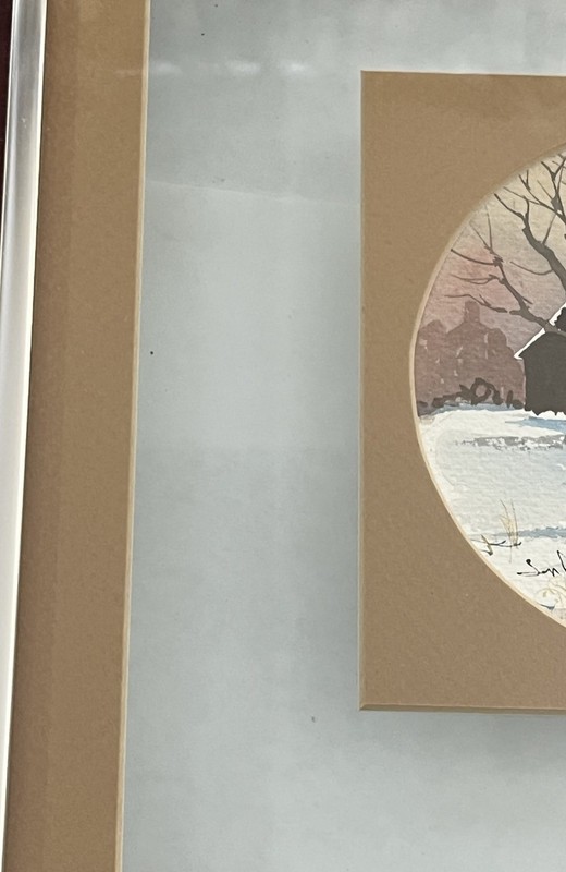 Original Signed Winter Farm Watercolor Painting Rustic Barn Landscape 12x12 gallery
