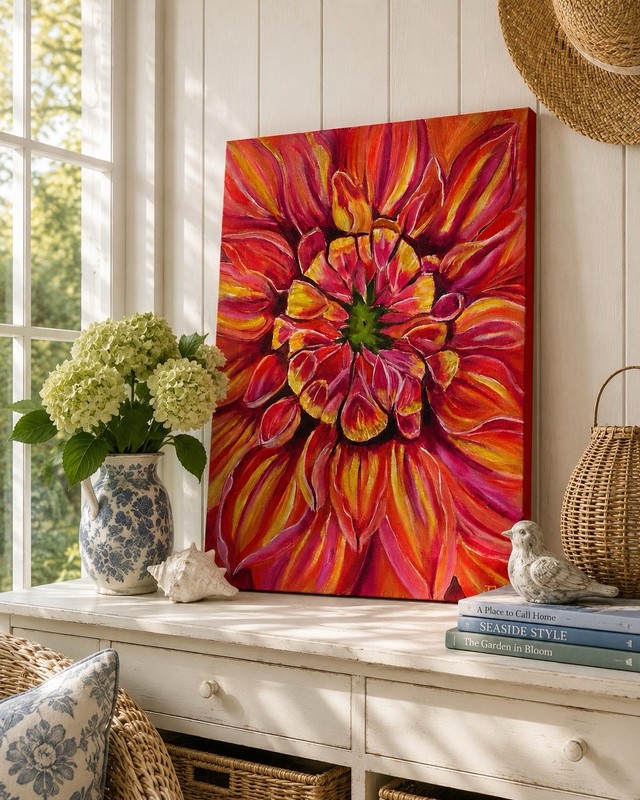 Dahlia Flower Painting Pink Orange Floral Wall Art Original 18×24