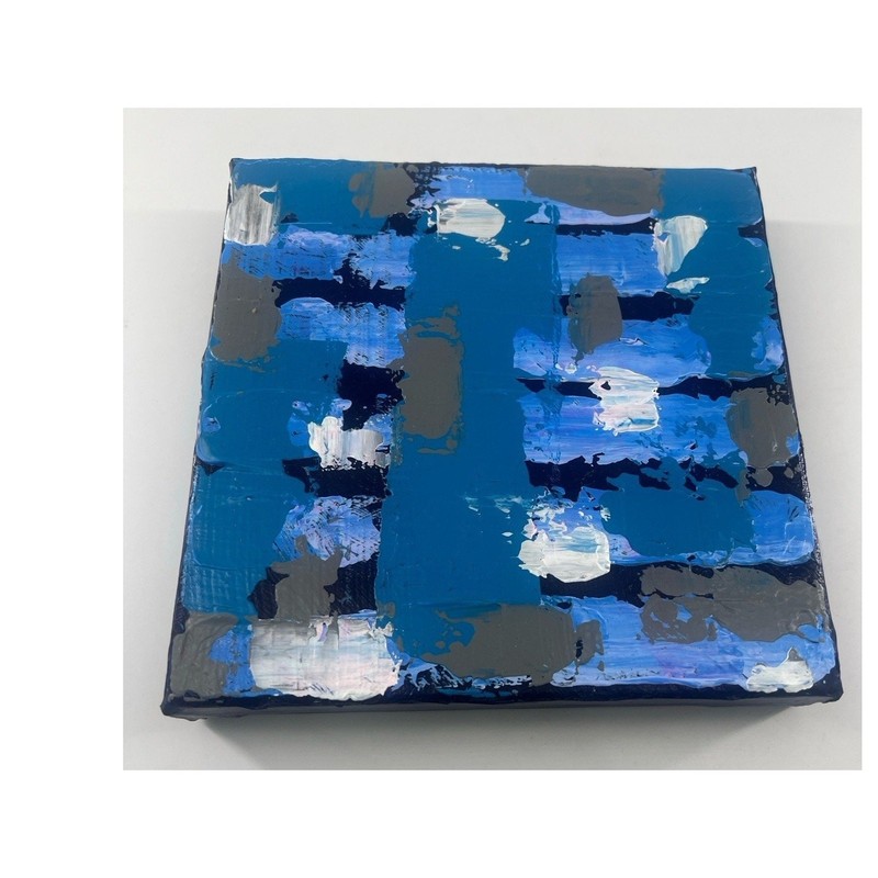 Hand-Painted Acrylic Canvas Abstract Blue Gray 7.5x8x1.5 Modern Artwork Art gallery