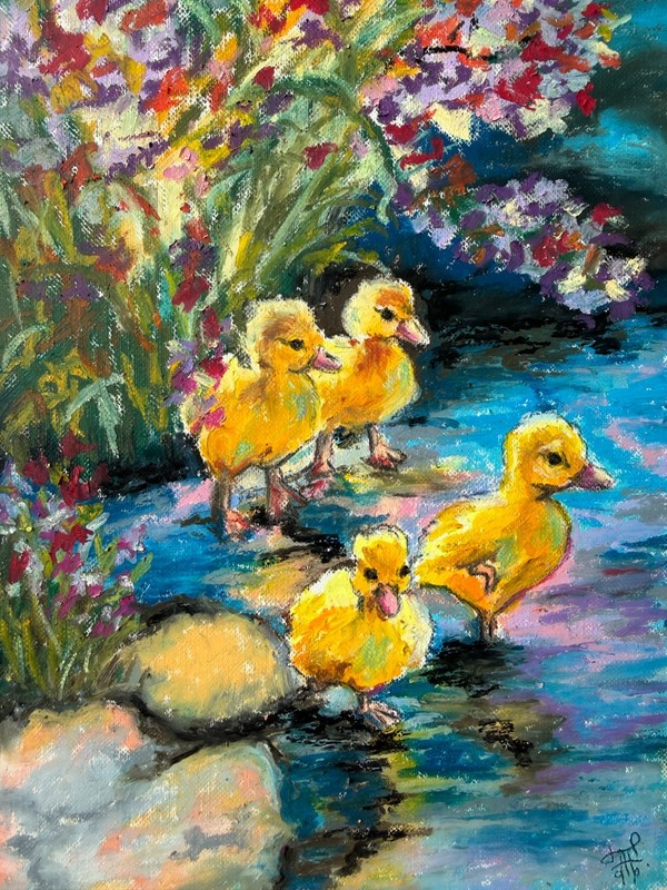 Ducklings Painting Animal Original Art Landscape Wall Art Oil Pastels Painting