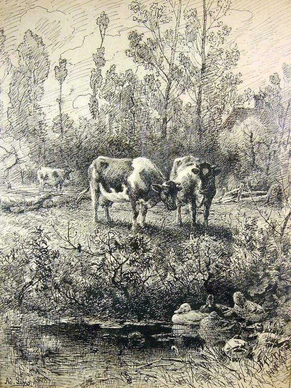 Adolf Lins 1856 Kassel – Düsseldorf / Handzeichnung / Teich mit Enten und Kühen