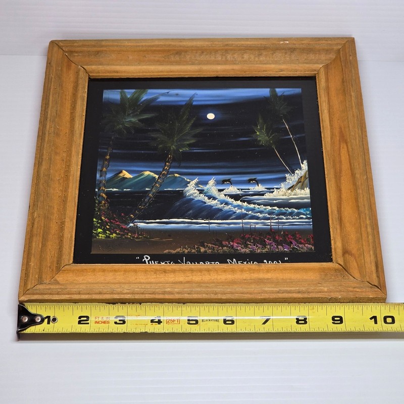 Original Art Signed 2D Painted Glass Tile Puerto Vallarta 2001 Seascape w/hanger gallery