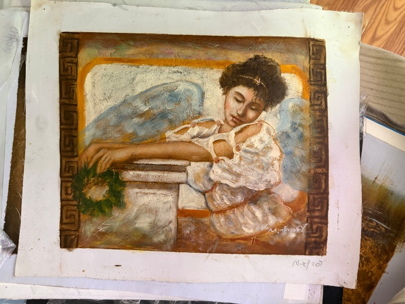 Vintage Angel Cherub Portrait Greek Key Border Decorative Oil Painting Art
