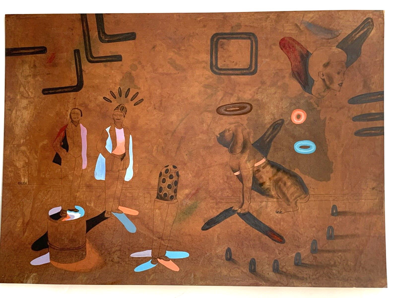 Oded Feingersh Original Mid Century Mixed Media Figures &Dog Surreal Composition