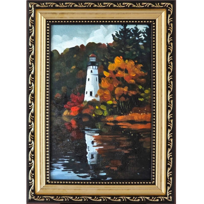 Original Oil Painting Lighthouse Autumn Lake Reflection Landscape 4×6 Framed