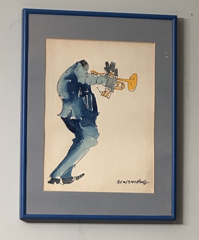 Original Leo Meiersdorff Signed Watercolor & Ink Jazz Trumpet Player Framed