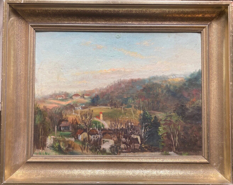 Oil painting sign. K. Langer hilly woodland landscape with village and church