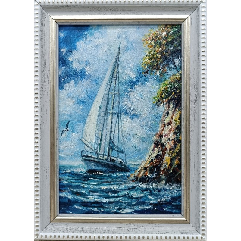 Sailboat Original Oil Painting 4×6 Framed Signed Yacht Marine Seascape Sea Art