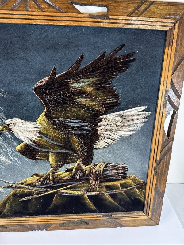 Vintage Black Velvet Painting Native American & Bald Eagle In Wood Frame gallery
