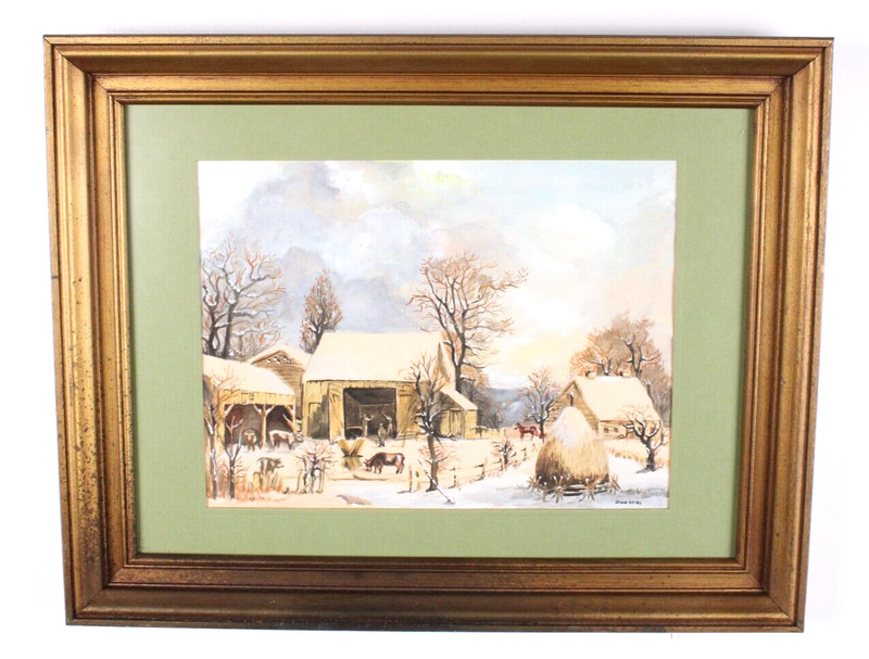 Currier & Ives Style Winter Scene Watercolor Painting Signed Diane Galley