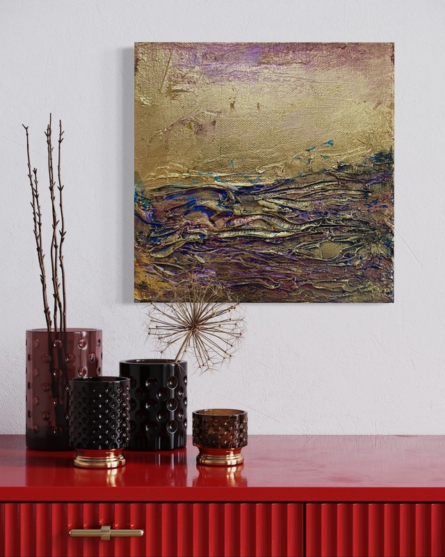 Original Metallic Textured 24 Carat Gold Leaf Purple Waves Sea Glam Painting