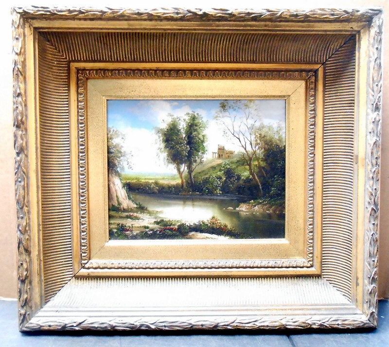 Vintage Original Signed Oil On Canvas Painting Castle On Hill Ogee Frame 18×16