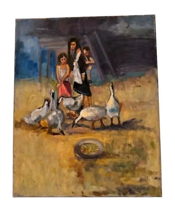 Charming Oil Painting – Family Feeding Geese – 16×20 Vintage Original Artwork