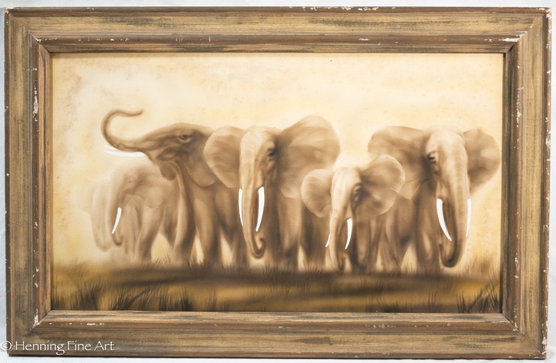 Beautiful Antique Painted Litho Elephant Family Illegibly Signed Framed 19 x 30″