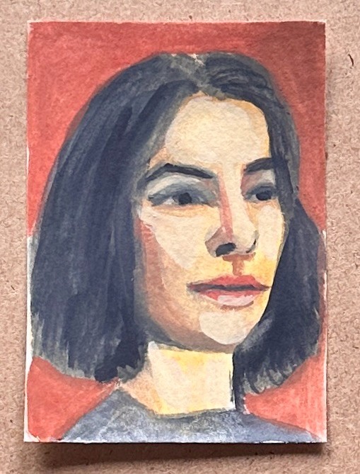 Original ACEO Gouache Portrait — Terracotta Ground Study — OOAK Art 2.5×3.5