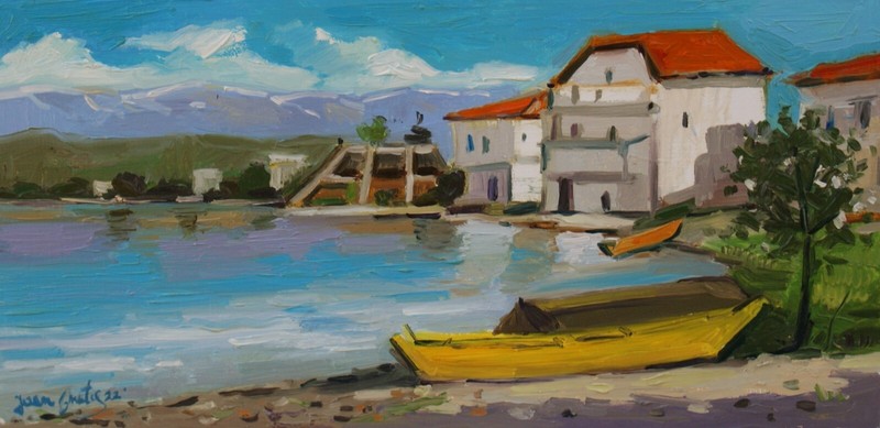 Original Oil on board painting -Fishing boats- 43cmx22cm ,Signed