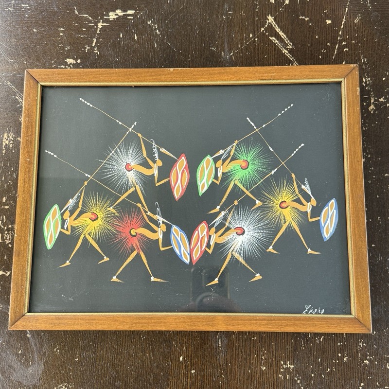 Mid Century African Tribal Warriors Art Painting Glass Panel Frame 10×13 Signed