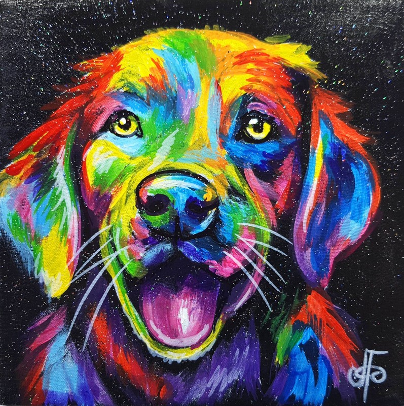 Original Acrylic Painting Cosmic Rainbow Dog Portrait Canvas Neon Wall Art Gift