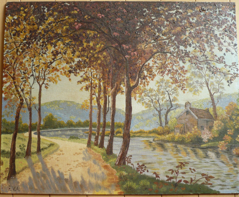 SIGNED, VINTAGE OIL PAINTING RIVER PLEIN AIR REALISM BLEND IMPRESSIONIST TREES gallery