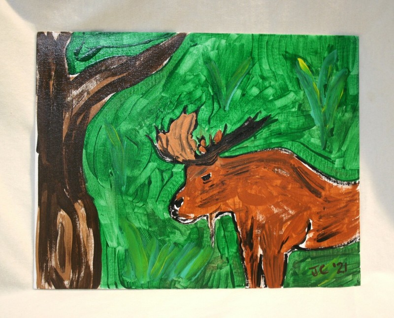 MOOSE IN FOREST WILDLIFE Jr CHARLIE FAST PAINTING NATURE OUTSIDER FOLK POP ART