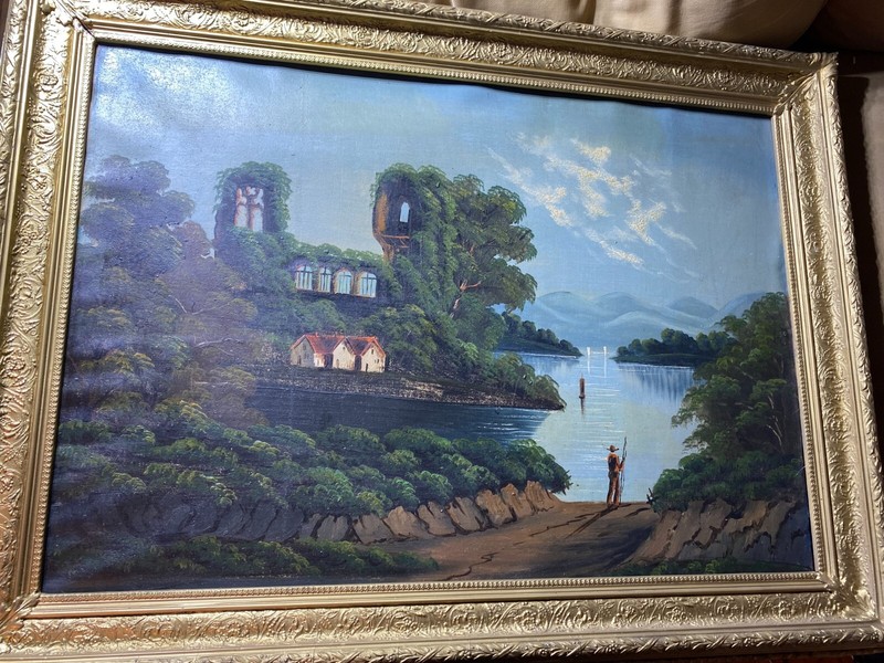 Huge Stunning «Figure By River With Home Landscape Scene» Oil Painting -Framed