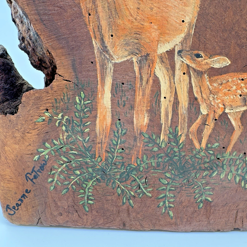 Live Edge Wood Hand Painted Deer Signed Vintage Burl Rustic Freestanding 10.5" gallery