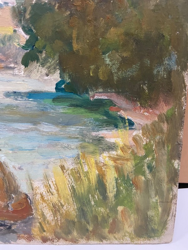vintage oil on card board man fishing in imptessionist gallery