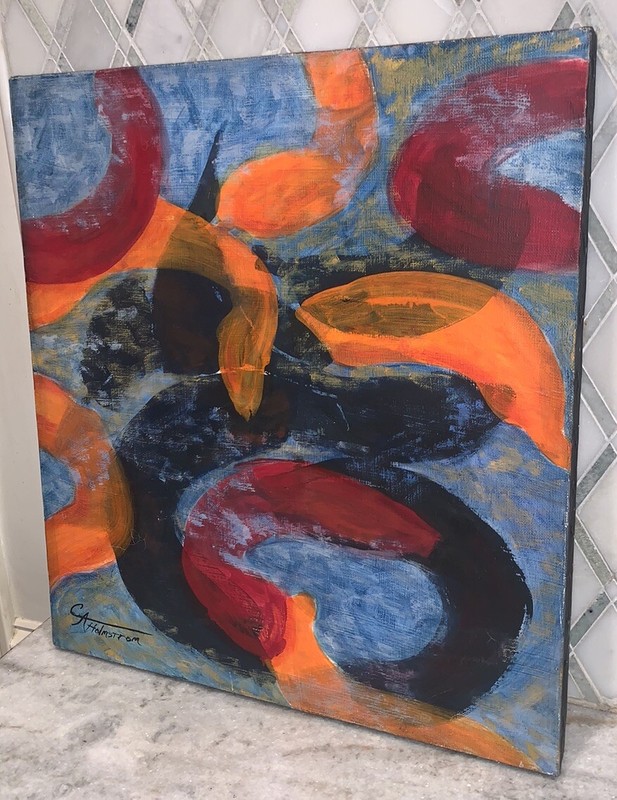 VTG 1984 CA Holmstrom ‘Promordial Soup’ Blue Org Blk Red Modern Canvas 18”x20” gallery