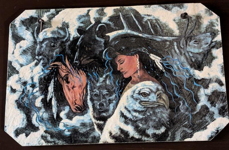 Vtg Moonbrook Art Print Indian Girl Horse Wolf Owl Buffalo Roofing Slate RARE