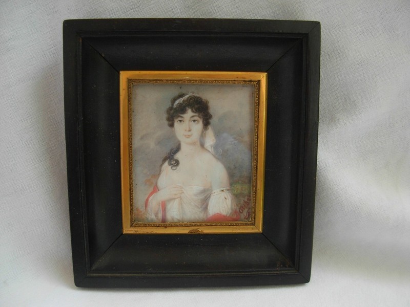 ANTIQUE FRENCH MINIATURE PAINTING,LADY PORTRAIT,SIGNED AUBRY,EARLY 19th CENTURY.