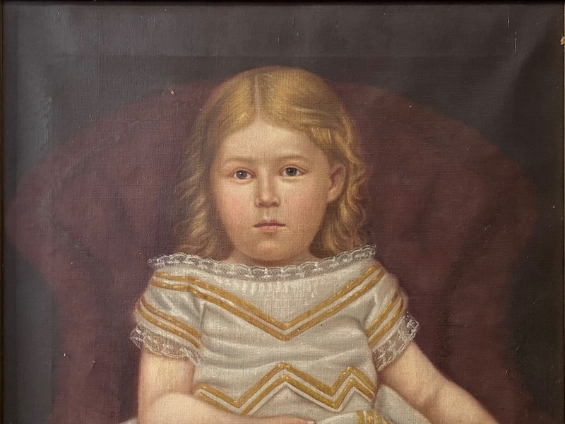 🔥 Fine Antique Old 19th c. American Folk Art Girl Portrait Oil Painting, 1880 gallery