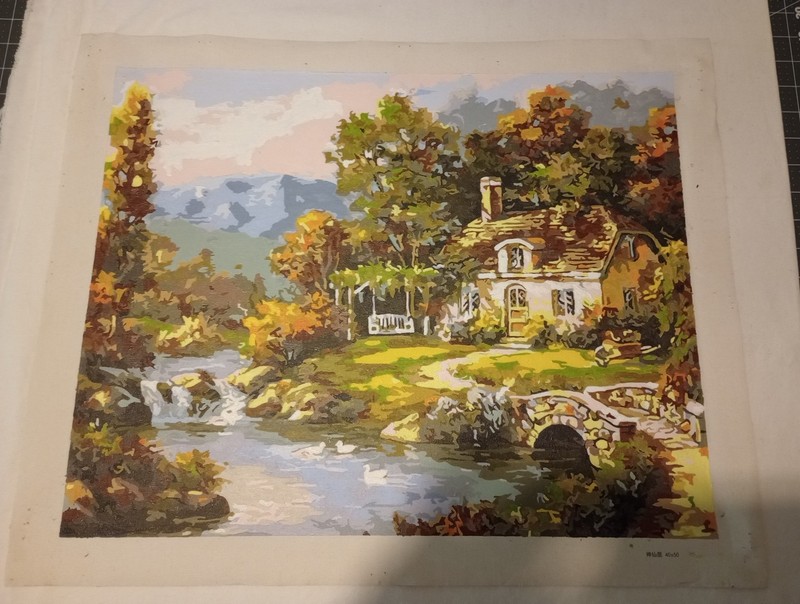Paint By Number Vintage 18×22 Completed Unframed Cottage, Creek Landscape