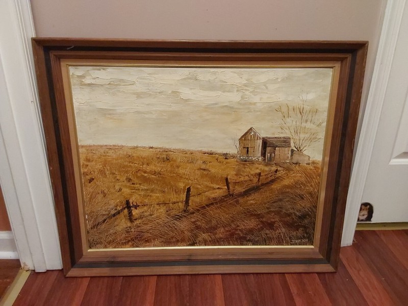 Vintage Original Oil Painting Field Landscape Barn Signed Framed 33” X 27” GC