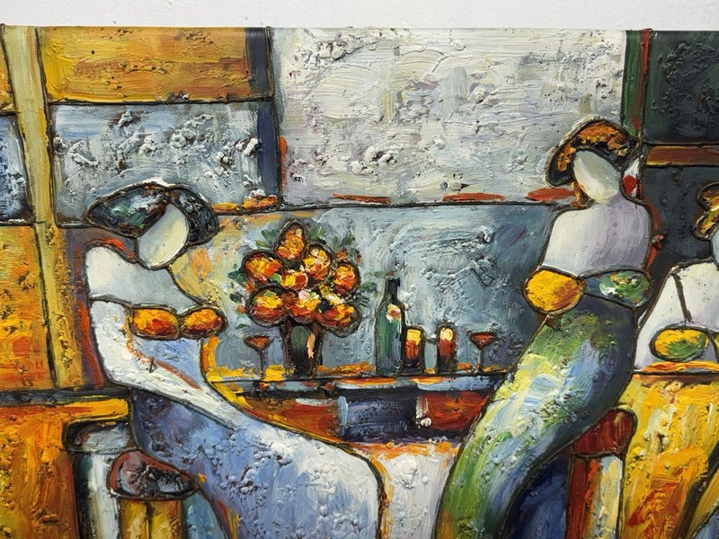 W. Mirkin Signed Colorful, Bold, Impasto Women Bar Scene Abstract Oil Painting gallery