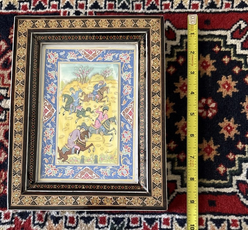 VTG Persian Hunting Scene Oil Painting Bone, Khatam Inlay Marquetry Wood frm