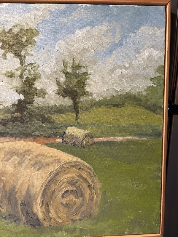 Signed Oil Painting Landscape Farm Round Hay Bales A. Walker Stautbergs Field gallery