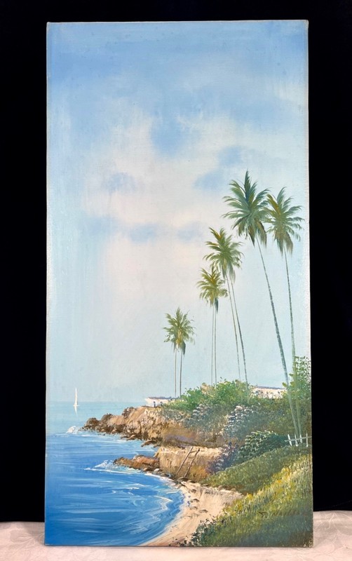 Oil Painting Canvas SEASCAPE Ocean Beach Palms, 12”x 24” signed By NIELSON