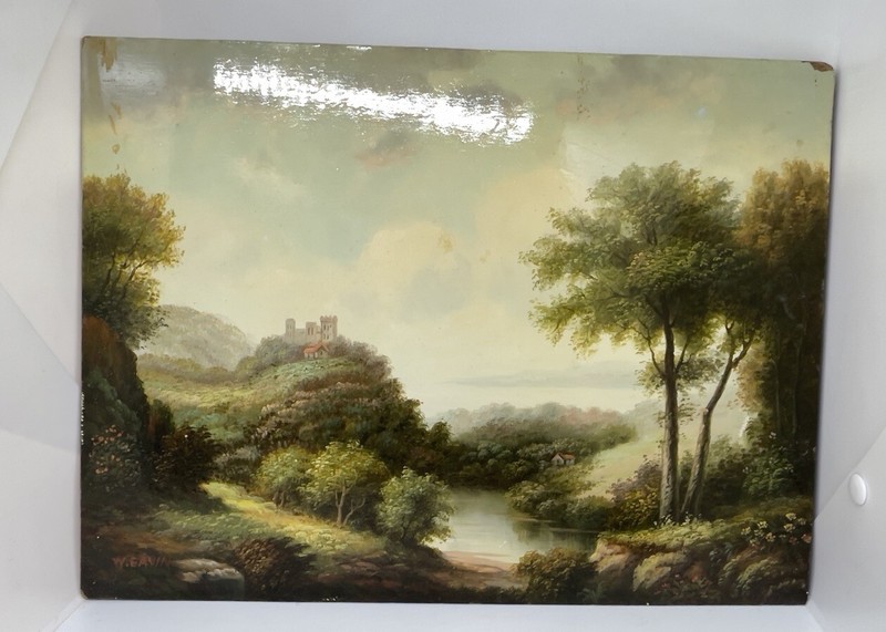 Antique Oil On Board W. Gavin Riverside Village Scene 16×11”