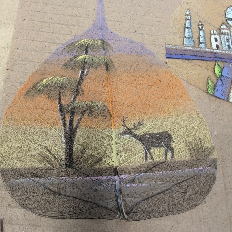 3 Vintage Hand painted Peepal Skeleton Leaf Art - Deer landscape & Taj Mahal gallery