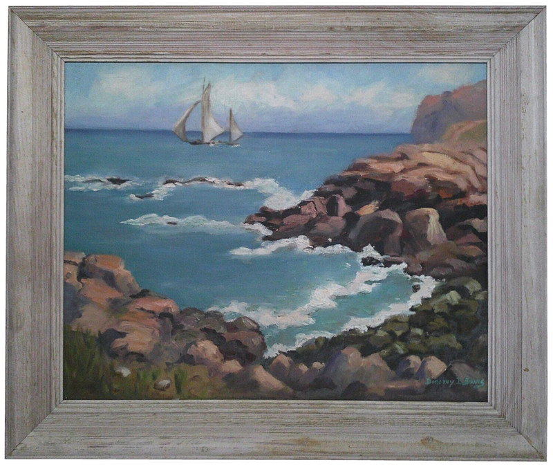 DOROTHY B. DAVIS AMERICAN 20TH C VINT SGND O/C NEW ENG SEASCAPE W/SAILBOATS/FRMD