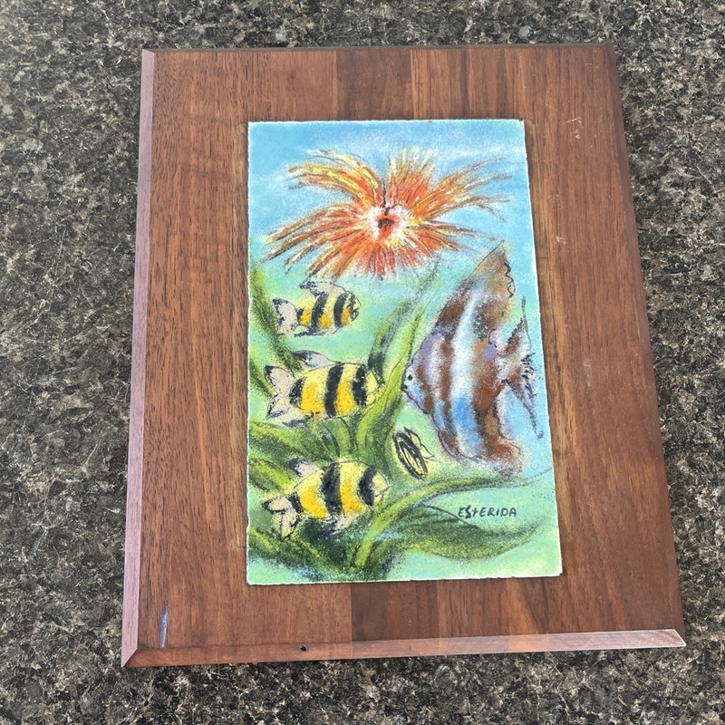Esterida Signed~Enamel On Copper On Wood Plaque Underwater Fish Scene