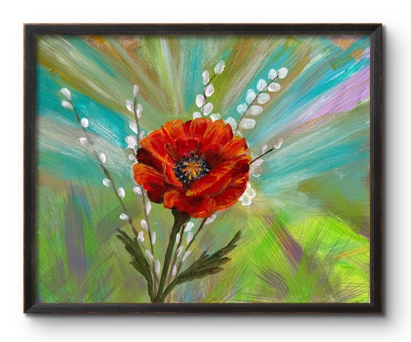RED POPPIES WITH GOLD ACCENT 14x11 Original Modern Art Interior Design