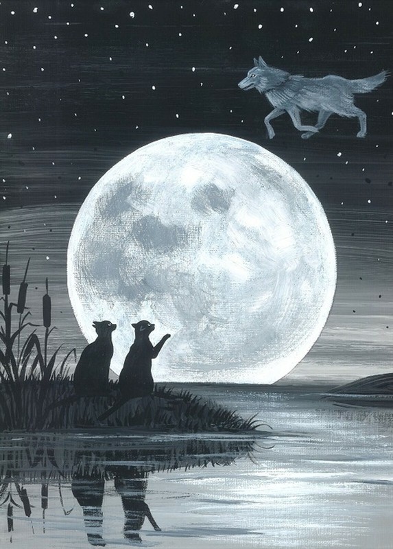 5×7 Print of painting RYTA Wolf Moon black cat Halloween pagan Celtic folk art