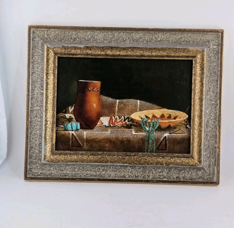 W.V. HATCH STILL LIFE OIL ON BOARD NATIVE AMERICAN. 9.25″×7.5″ Framed