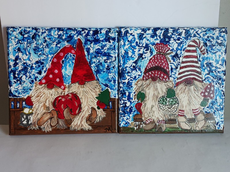 Folk Art Gnomes Elves Christmas original Paintings Acrylic canvas signed