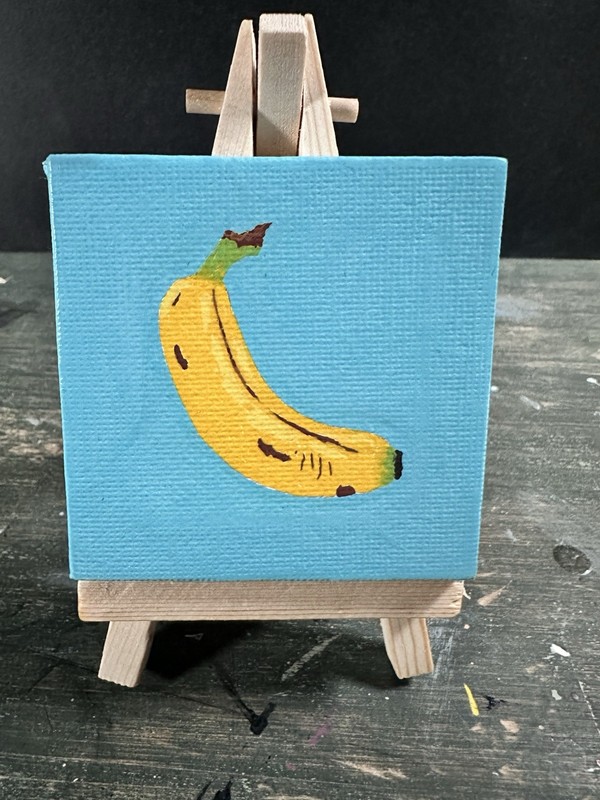 Original mini Banana acrylic painting tiny canvas with mini wooden easel