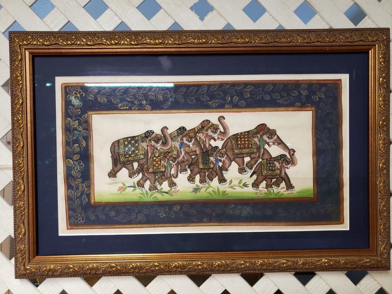 Hand Painted Elephants on Silk India Mughal Framed 20x13in