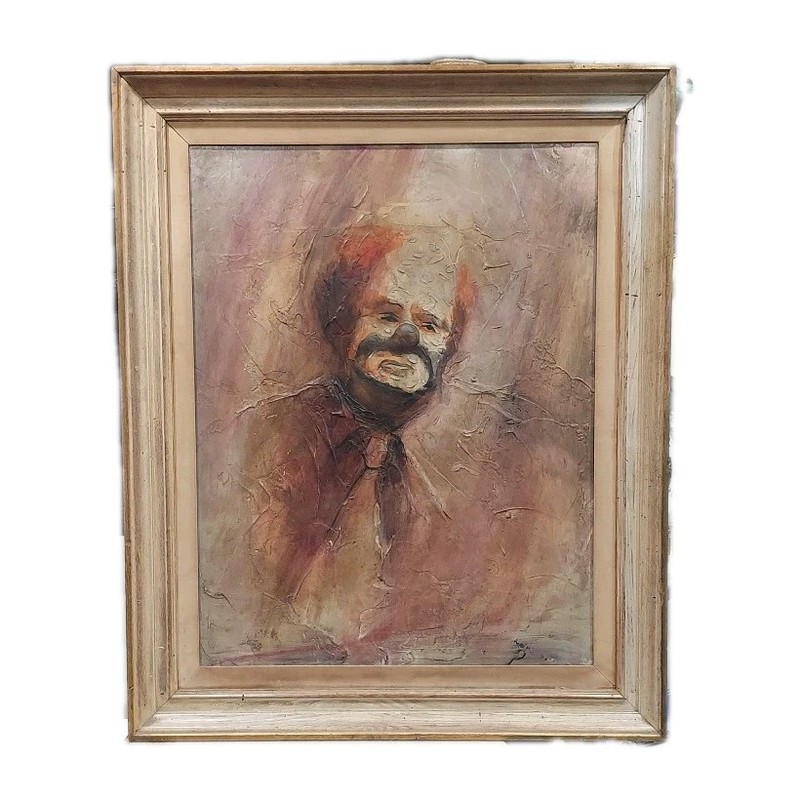 Vtg Impasto Oil Painting Somber Clown Signed Scharff Earth Tones Rustic Frame