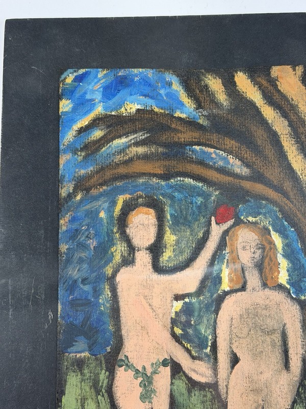 Sandra Pape Acrylic On Paper Painting 12x8” Adam & Eve Garden Of Eden Folk Art gallery